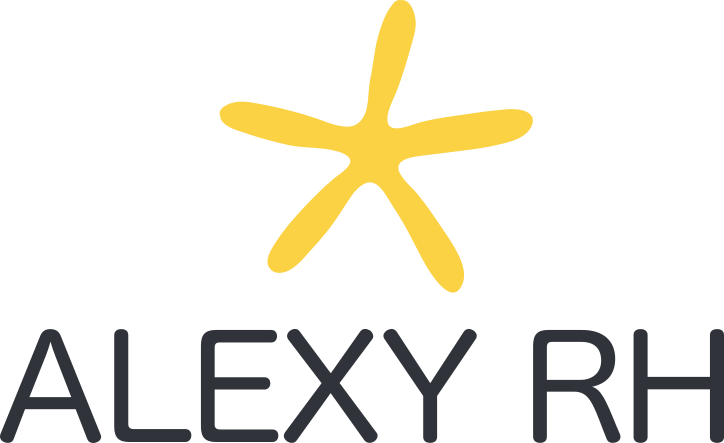 Logo du cabinet de recrutement et de conseil RH, Alexy RH. Représente une étoile de mer jaune au dessus du nom Alexy RH.